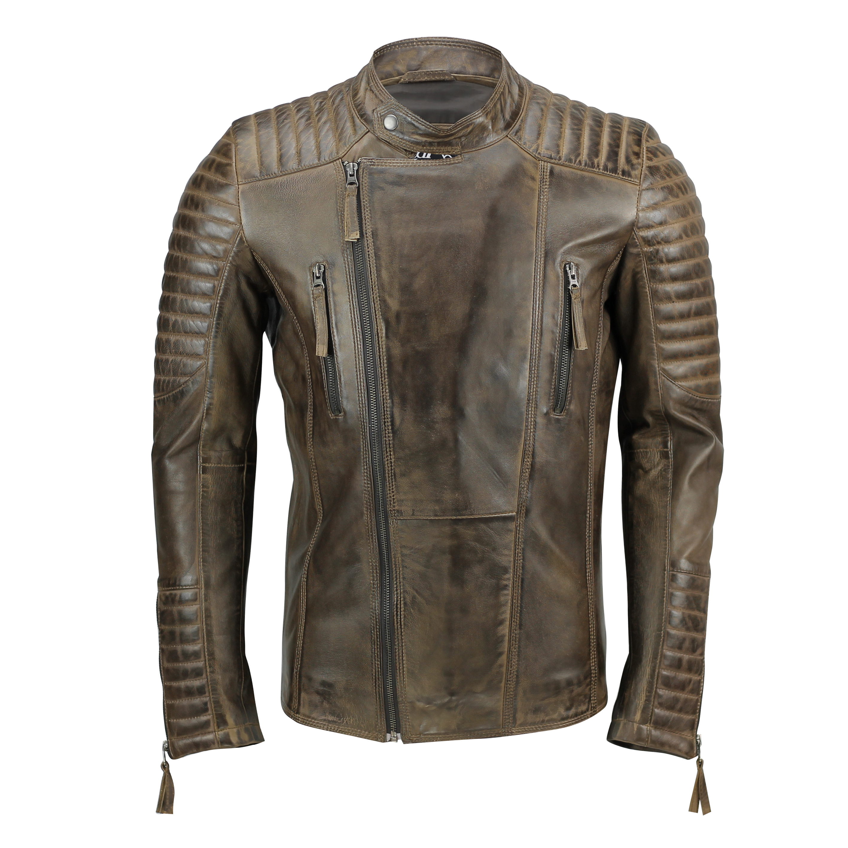Mens Real Leather Biker Jacket Retro Brown Vintage Slim Fit Casual Zip Coat